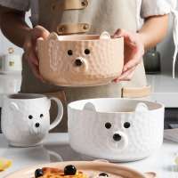 Factory direct cute kid kitchenware white bear shaped 6.5 inch large round ceramic soup salad bowls