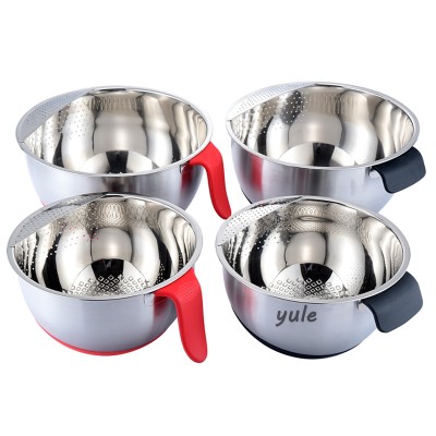 Dineerware Rice Wshing Bowl Round Stainless Steel Vegetable Washing Bowl Perforated Side Drainer Short Handle Red Color