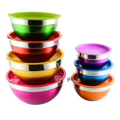 Professional Manufacturer Stainless Steel Salad Bowl Mirror Polished PE Lid Colorful Painting Food Salad Soup Bowl